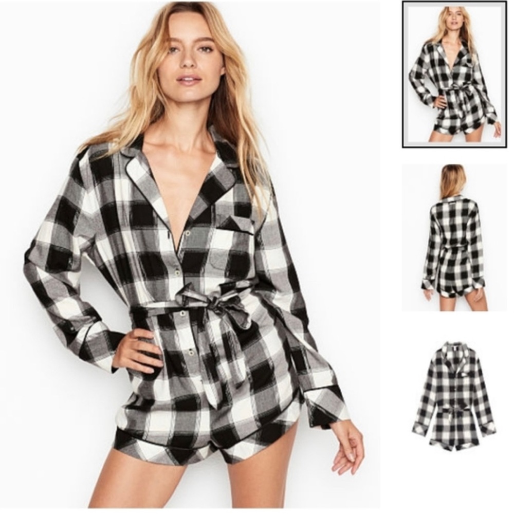 Victoria's Secret Size Medium Black White Silver Plaid Long Sleeve Romper